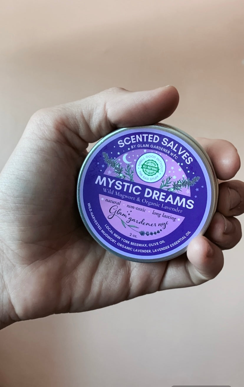 Glam gardener NYC’s mystic dreams salve all natural skin healing lotion and natural perfume non toxic with beeswax, mugwort, and lavender
