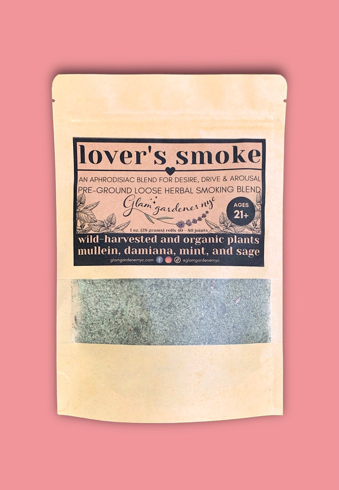 Lover’s smoke herbal organic smoking blend by glam gardener with wild harvested mullein organic Damiana organic mint and organic sage for aphrodisiac