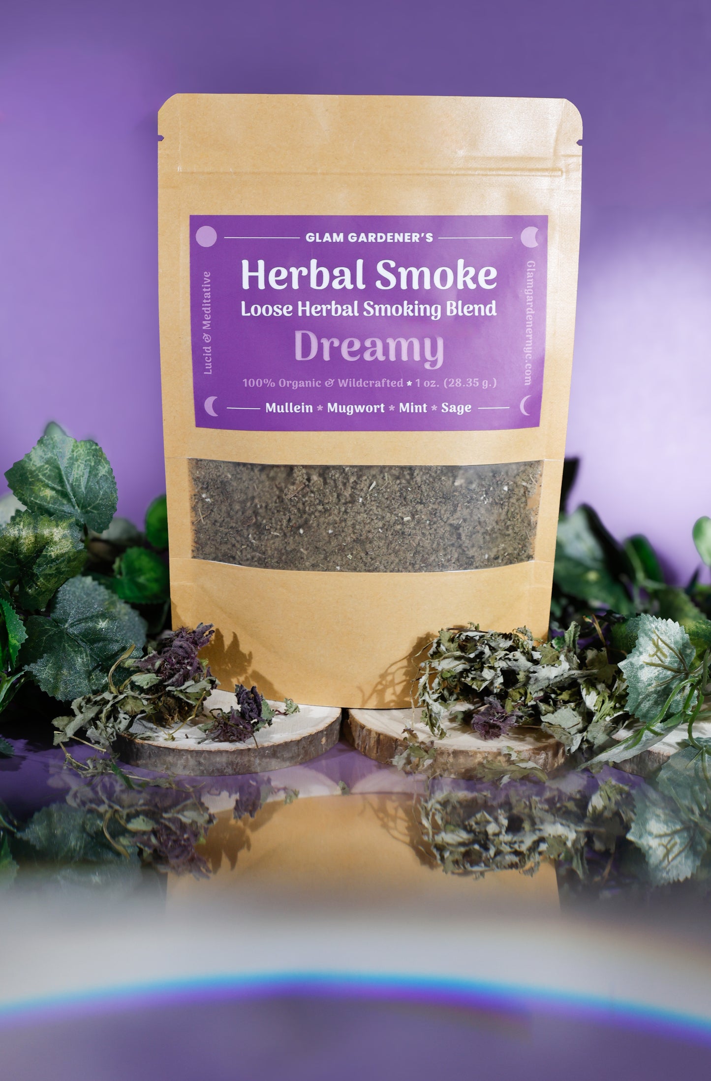 Glam Gardener NYC’s dreamy loose herbal smoking blend with Mullen, mugwort, mint, and sage. Featuring a purple background with dried mugwort and leaves. This herbal blend is wildcrafted and organic.