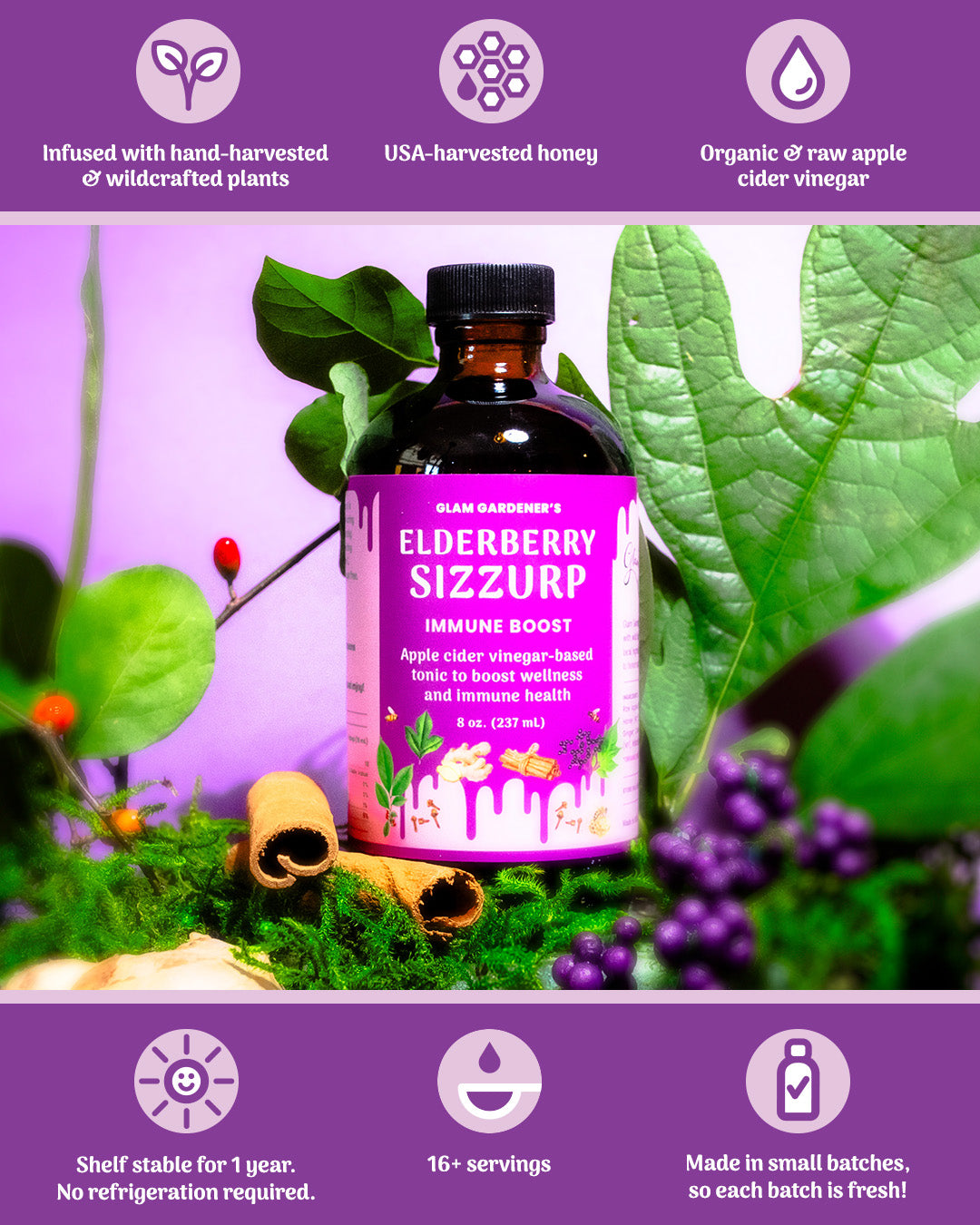 ELDERBERRY SIZZURP (syrup) with local honey, wild plants, wildcrafted elderberries, and organic ingredients