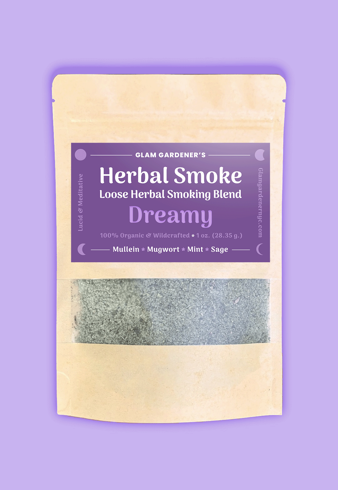 Glam Gardener’s loose herbal smoking blend with organic and wildcrafted mullein, mugwort, mint and sage. Dreamy blend for relaxing sensations.