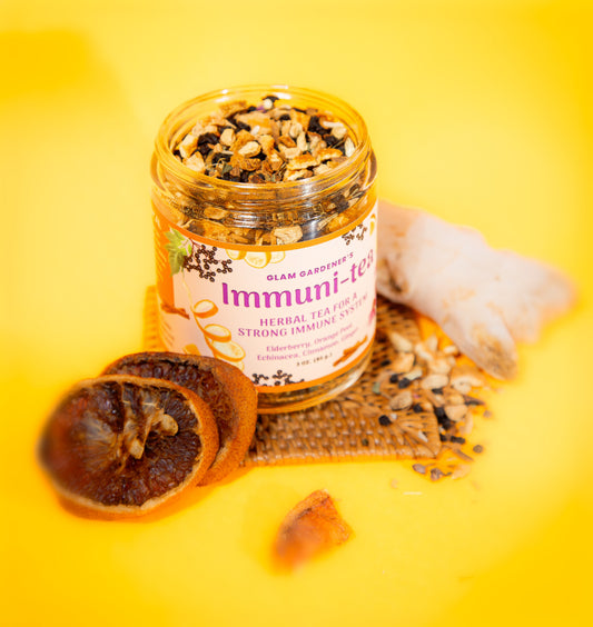 organic and wildcrafted immunitea for immune system cold and flu with elderberry, echinacea, ginger, cinnamon and orange peel handcrafted in new york by Glam Gardener