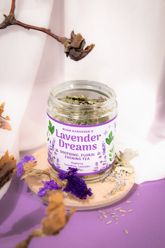 Glam Gardener's soothing floral evening tea, Lavender Dreams with Northern Bayberry Leaf, Sassafras, and Organic Lavender