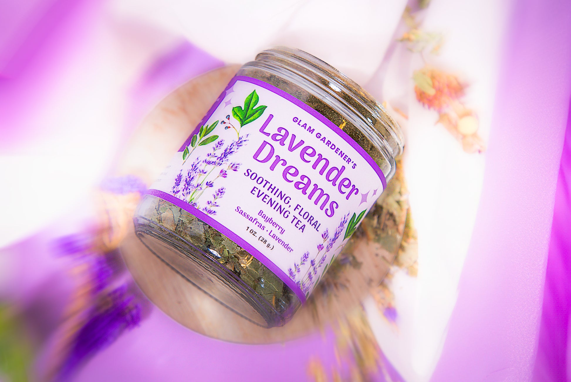Glam Gardener's soothing floral evening tea, Lavender Dreams with Northern Bayberry Leaf, Sassafras, and Organic Lavender, looseleaf herbal tea for calming