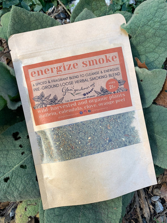 energizing smoke blend with organic and wild harvested plants by glam gardener nyc organic calendula mullein clove and orange peel 