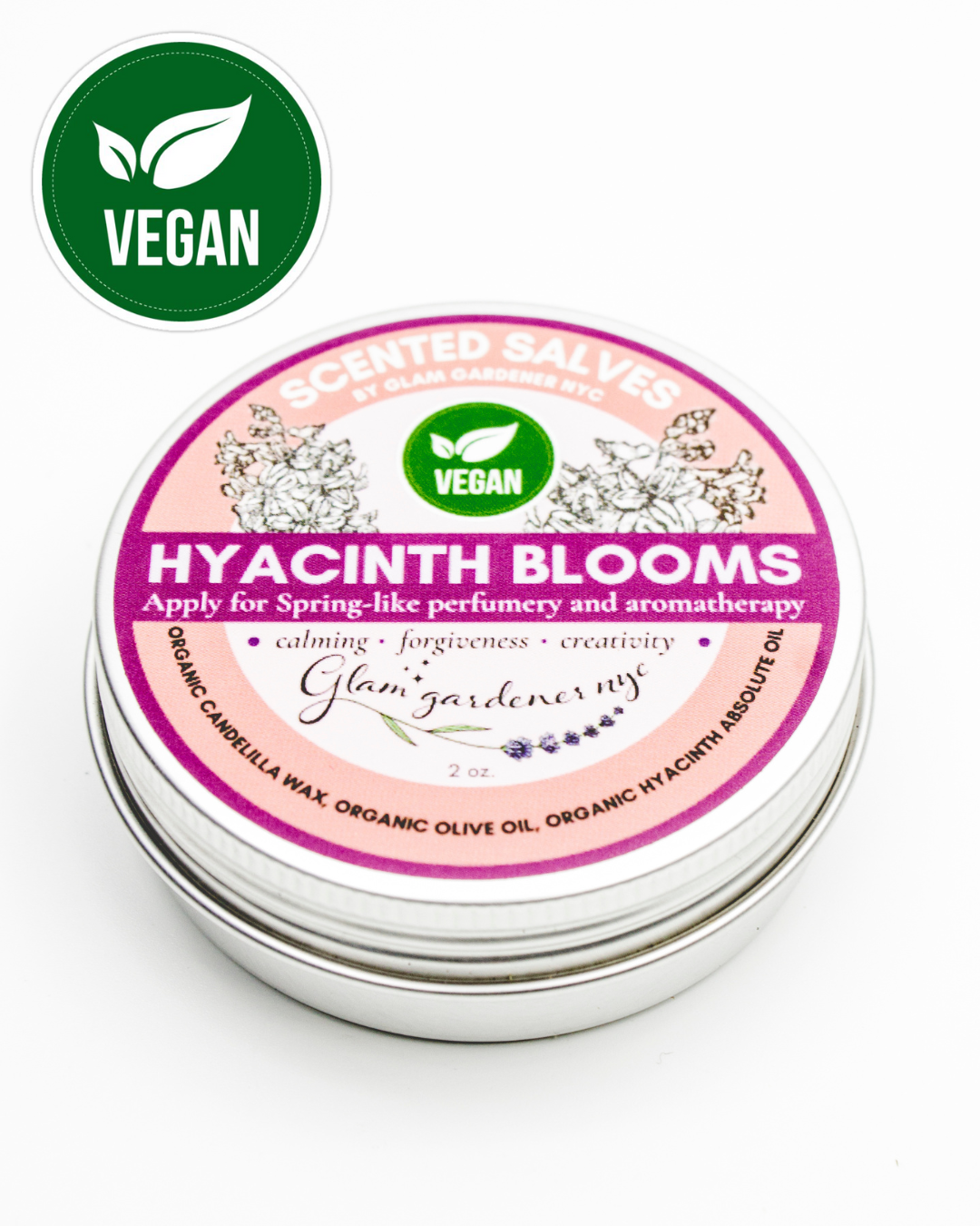 Glam Gardener's Vegan Hyacinth Blooms Salve 100% natural salve for vegans with plant-based wax