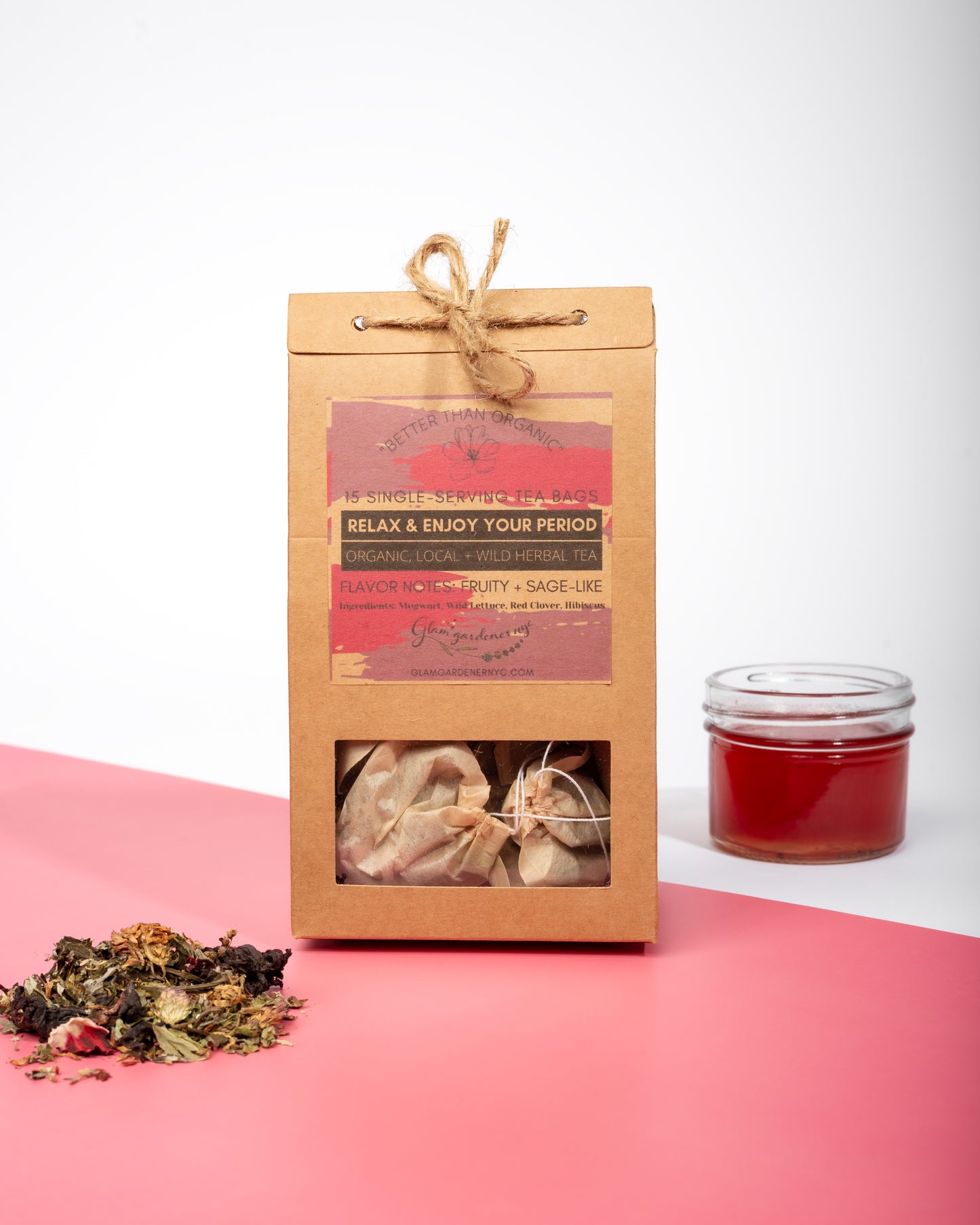 Relax & Enjoy Your Period bagged herbal tea with mugwort, red clover, wild lettuce, and hibiscus for a pleasant period and PMS relief
