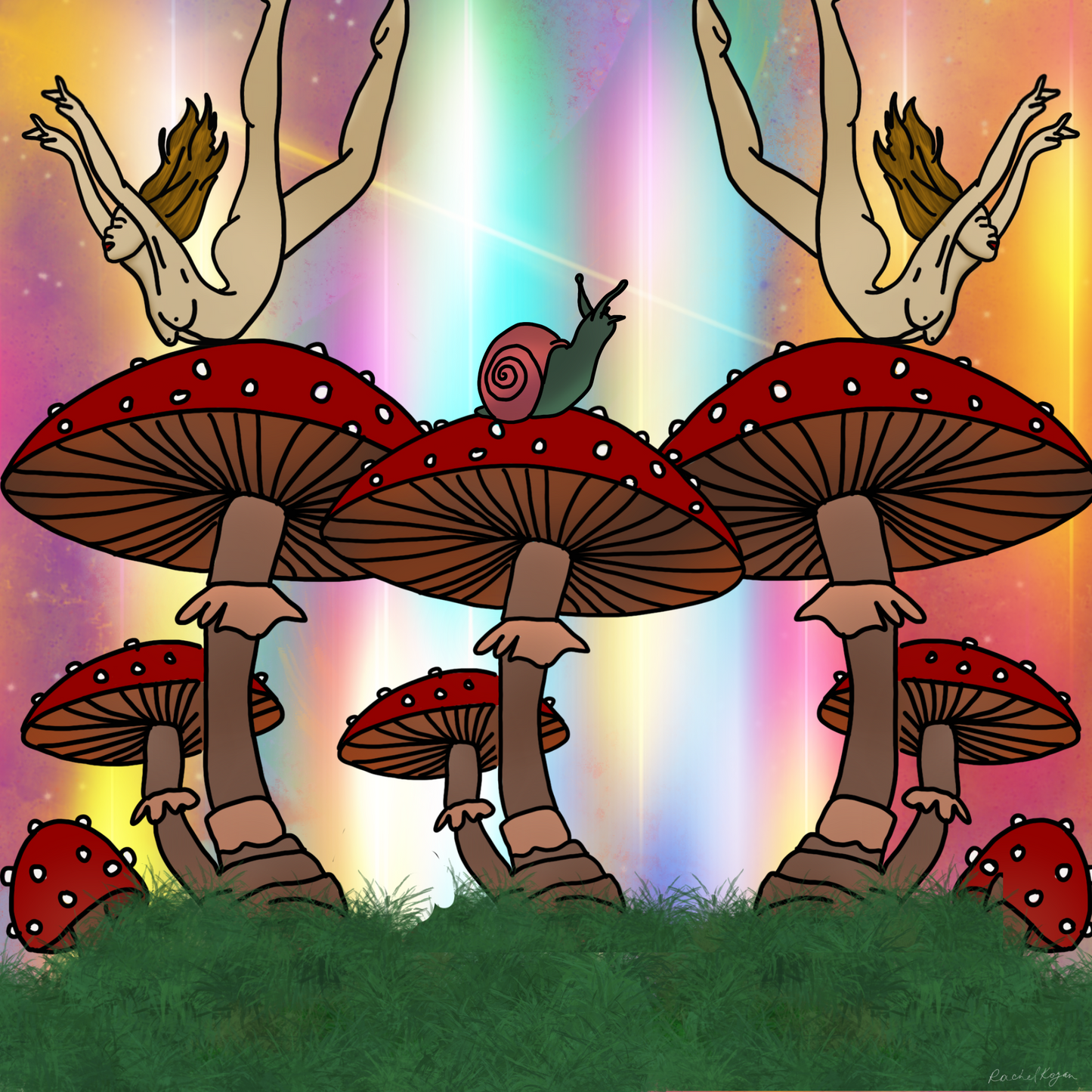 Naked amanita mushroom chics with snail friends print