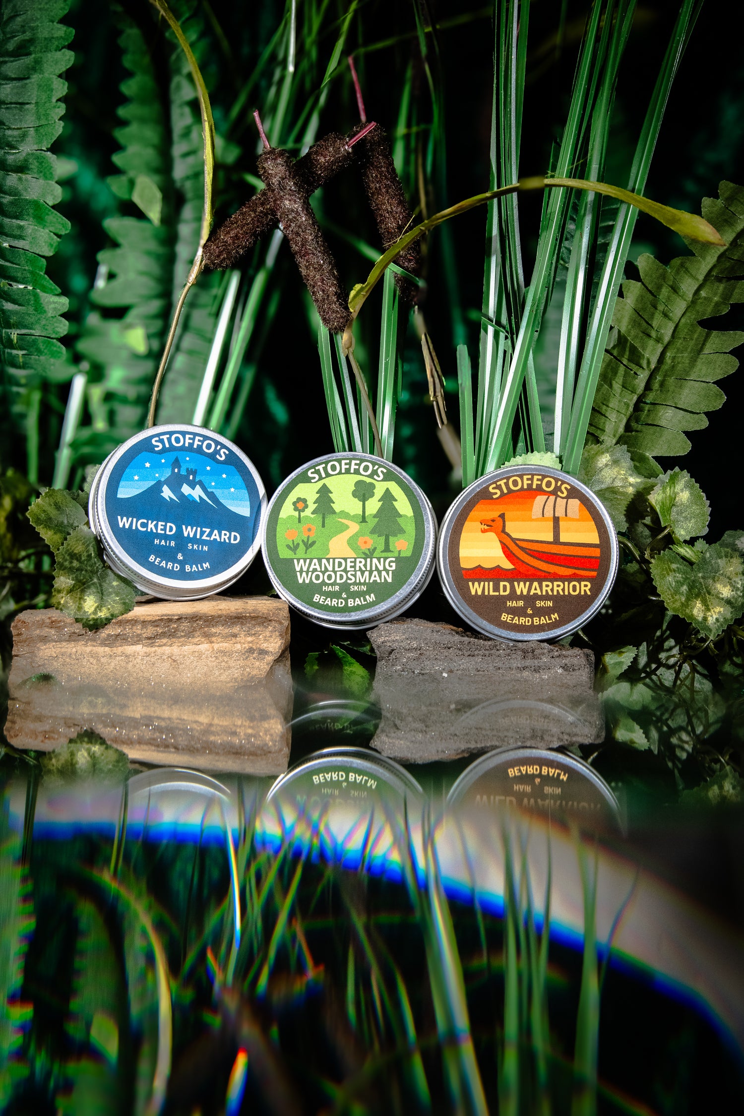 Glam Gardener & Stoffo Beard Balms Infused with Stinging Nettle featuring 3 scents Wandering Woodsman, Wicked Wizard, and Wild Warrior