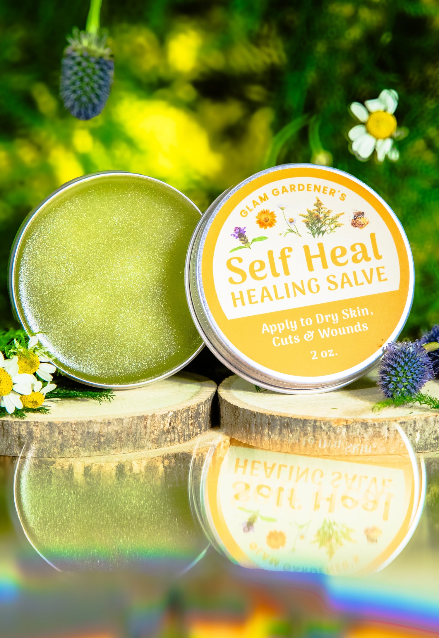 Glam Gardener’s Vegan Mystic, dream South infused with mugwort and organic lavender with a purple label on a floral backdrop. The south is 2 ounces and crafted with organic, natural and wild crafted ingredients.