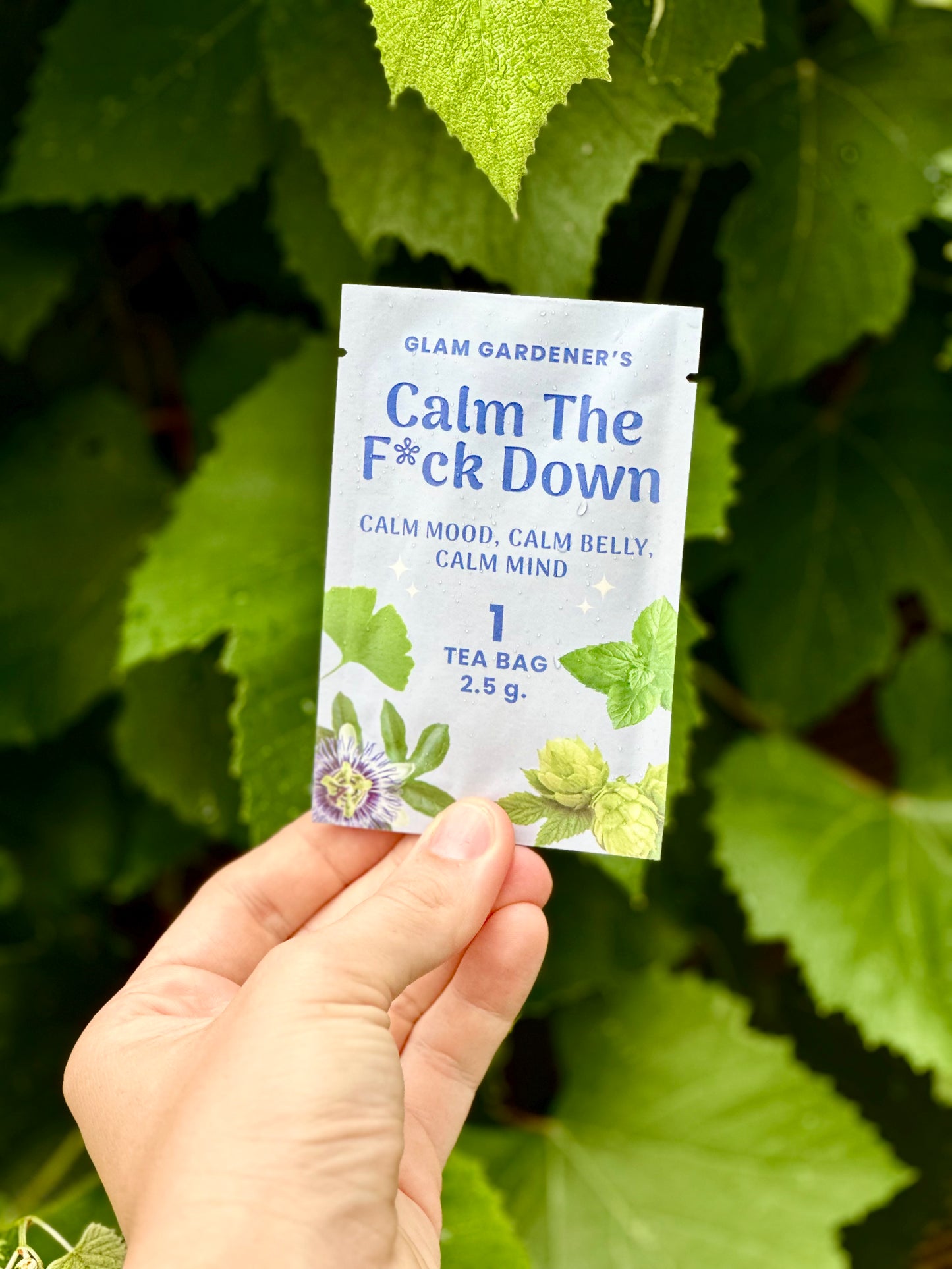 A hand holds a single tea bag packet labeled 'Glam Gardener's Calm The F*ck Down' against a background of green plant leaves.