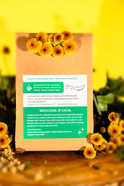 Cleanse and Relief, Herbal pre-bagged tea by Glam Gardener NYC, Stinging Nettle, Goldenrod, and Chamomile, 100% organic and wildcrafted plants - back label