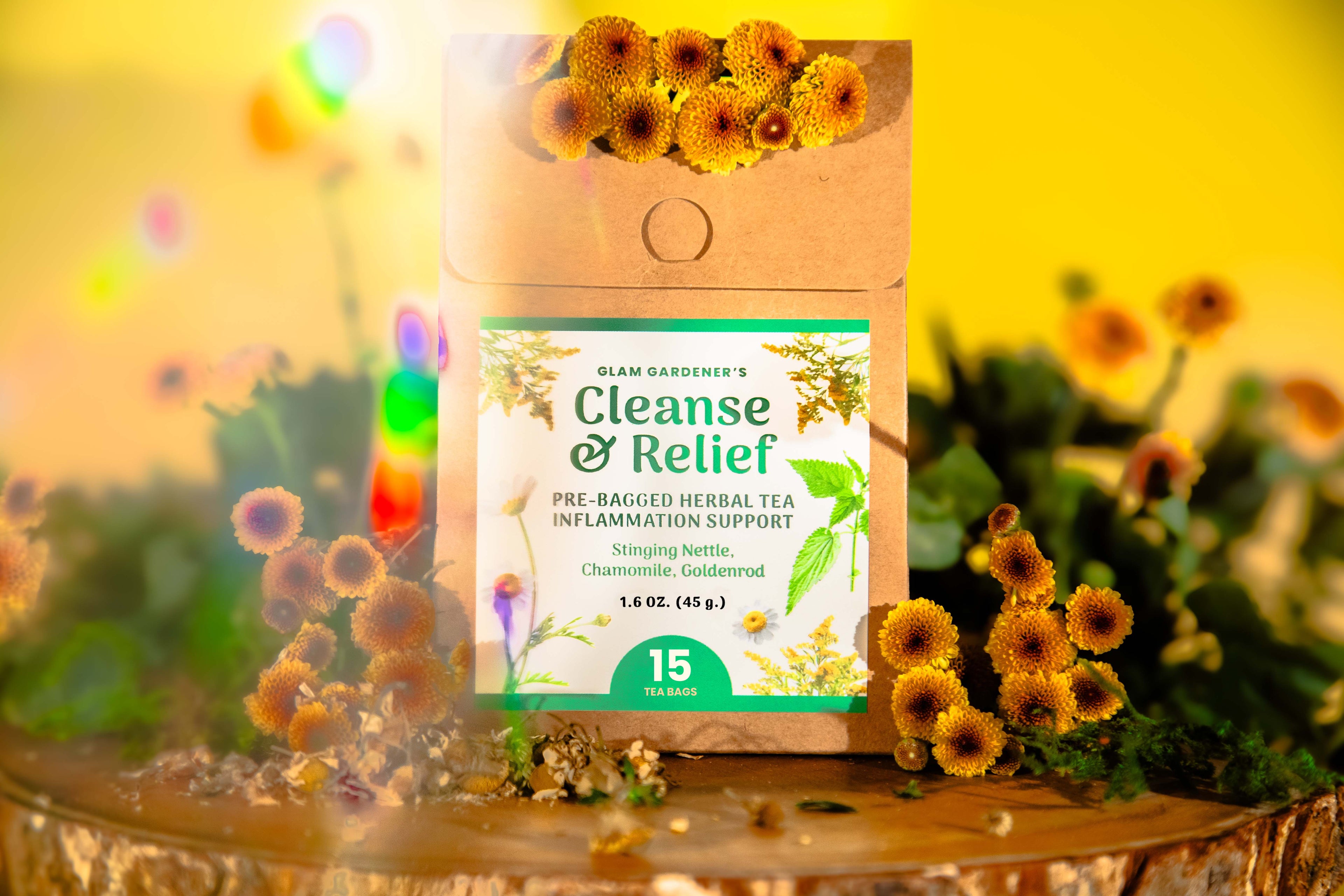 Cleanse and Relief, Herbal pre-bagged tea by Glam Gardener NYC, Stinging Nettle, Goldenrod, and Chamomile, 100% organic and wildcrafted plants