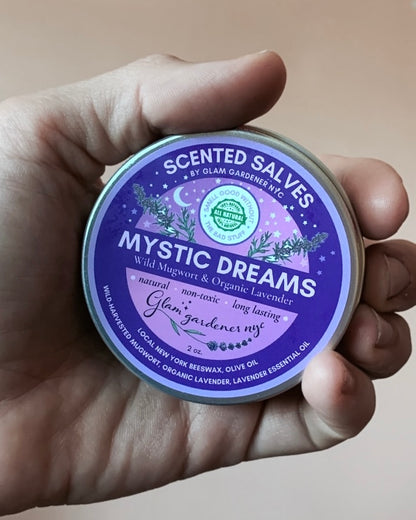 Glam gardener NYC’s mystic dreams salve all natural skin healing lotion and natural perfume non toxic with beeswax, mugwort, and lavender 