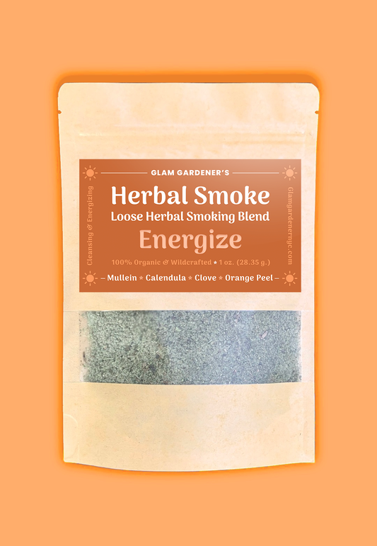 Energize Herbal Smoking Blend by Glam Gardener NYC with wildcrafted and organic mullein, clove, calendula, and orange peel