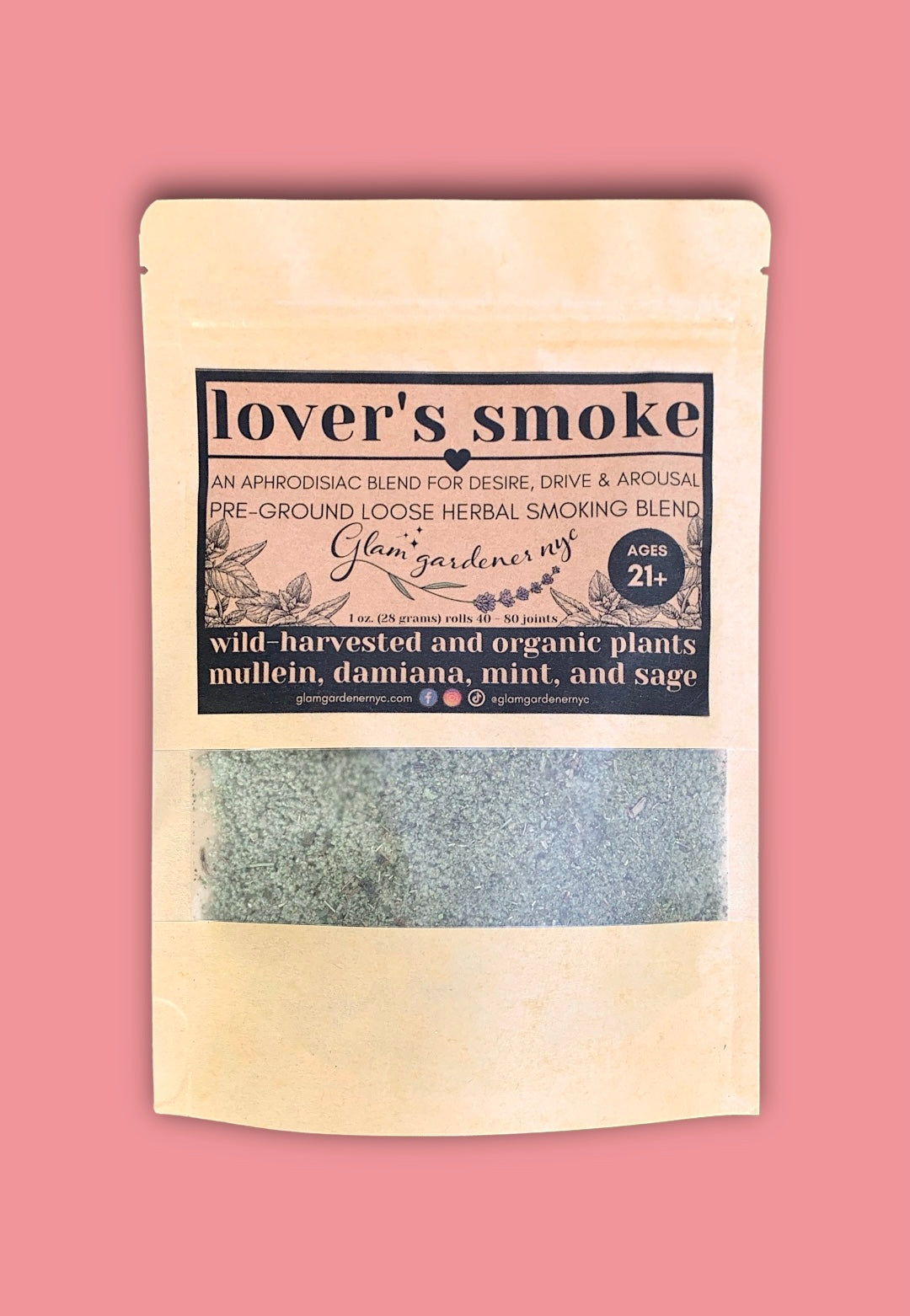 Lover’s smoke herbal organic smoking blend by glam gardener with wild harvested mullein organic Damiana organic mint and organic sage for aphrodisiac 