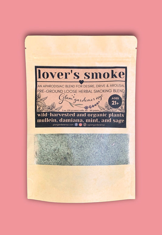 Lover’s smoke herbal organic smoking blend by glam gardener with wild harvested mullein organic Damiana organic mint and organic sage for aphrodisiac 