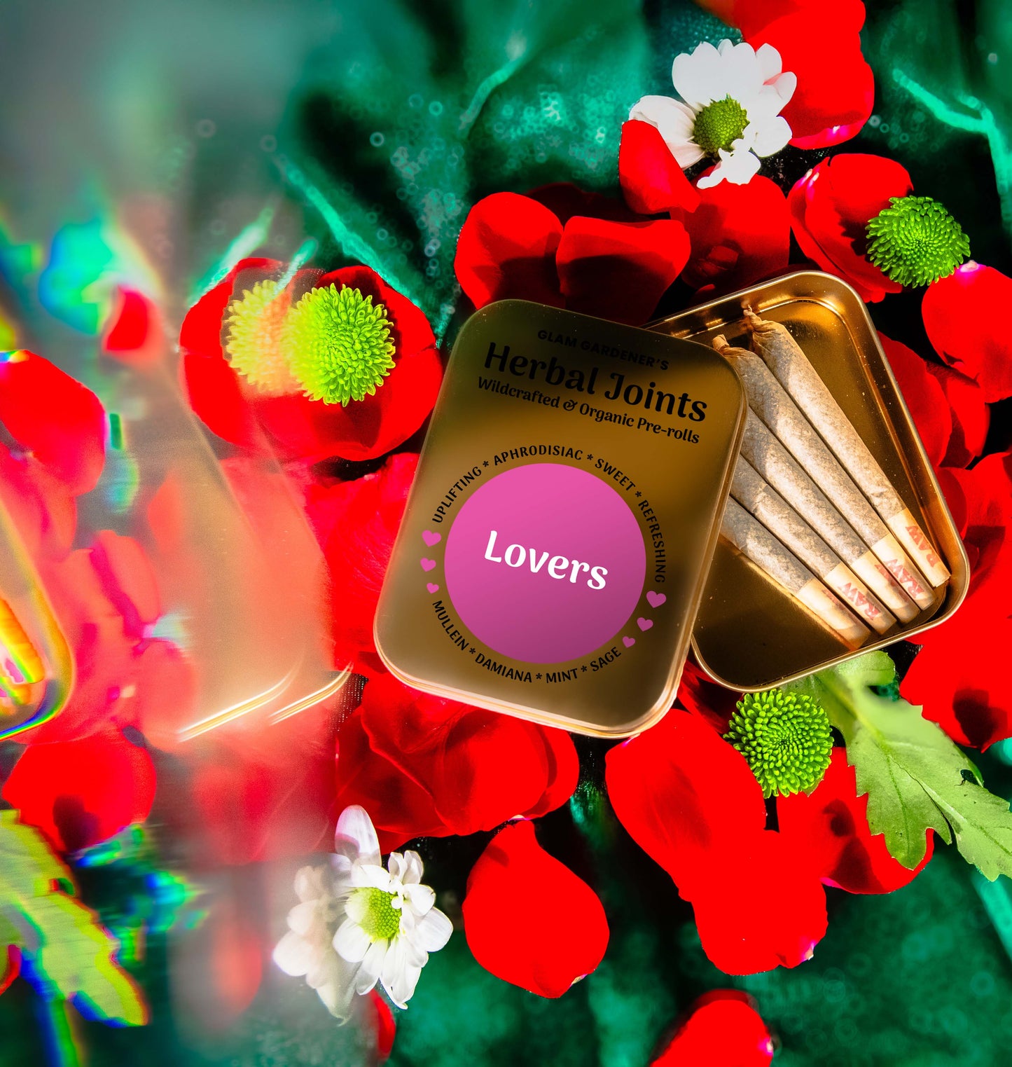 Herbal pre-rolls for smoking with wild-harvested mullein, wild-harvested damiana, organic mint, and organic sage designed for lovers, aphrodisiac, and uplifting