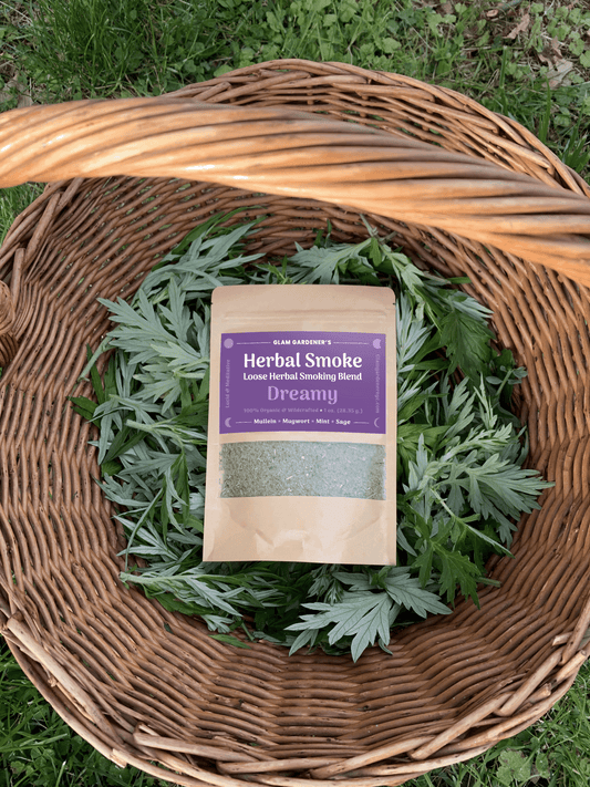 Glam Gardeners Dreamy Herbal Smoke in a basket full of freshly harvested mugwort in New York. 