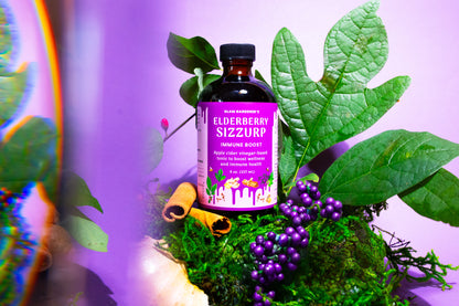 Elderberry sizZurp (syrup) with local honey, wild plants, USA grown elderberries, and organic ingredients