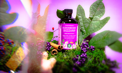 VEGAN ELDERBERRY SIZZURP (syrup) with maple syrup, wild plants, wildcrafted elderberries, and organic ingredients