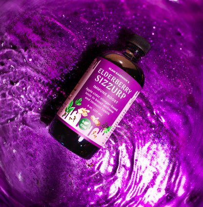 VEGAN ELDERBERRY SIZZURP (syrup) with maple syrup, wild plants, wildcrafted elderberries, and organic ingredients