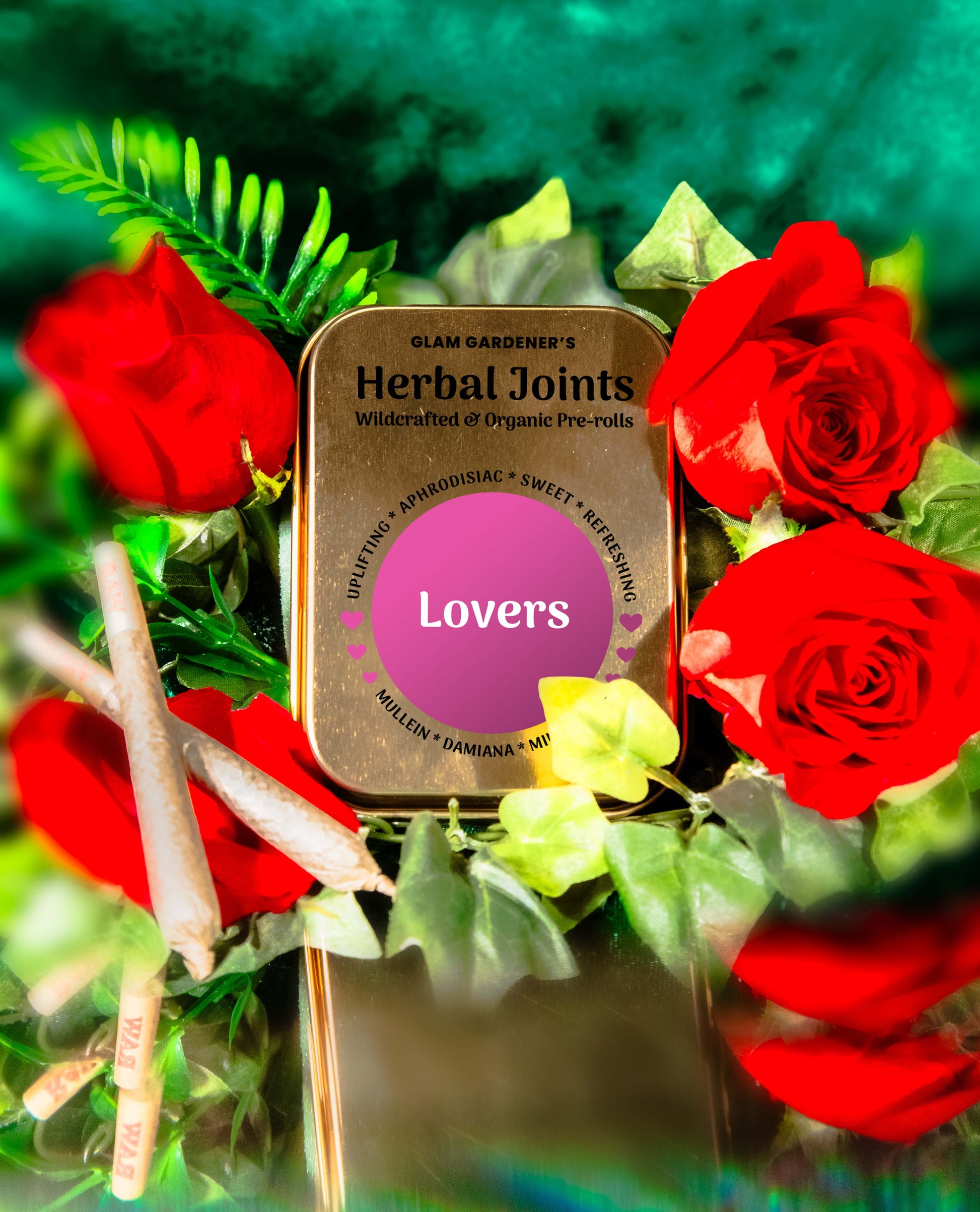Glam Gardener's lover's herbal pre rolls with organic mullein, wildcrafted damiana, mint and sage. Aphrodisiac herbal joints.