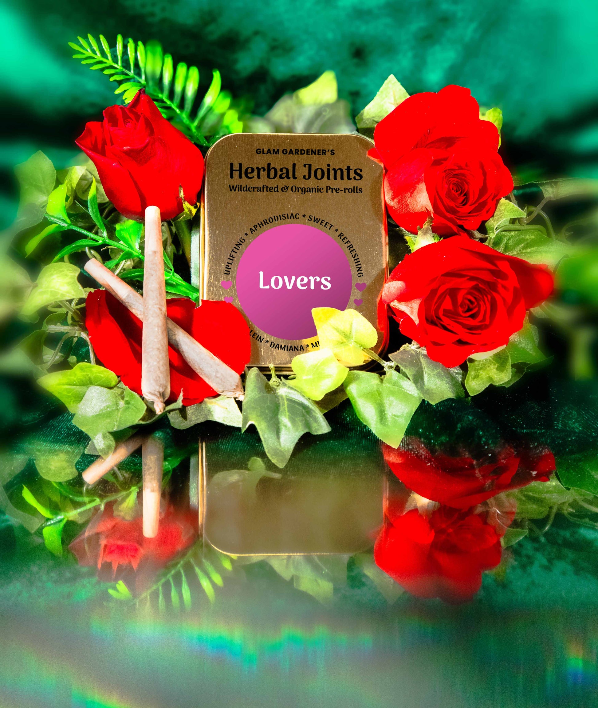 Glam Gardener's lover's aphrodisiac herbal pre rolls with organic mullein, wildcrafted damiana, mint and sage.