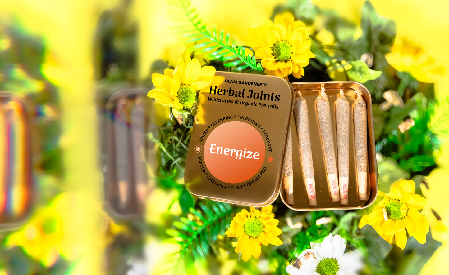 energizing herbal joints handcrafted with mullein, calendula, orange peel, and clove by glam gardener nyc