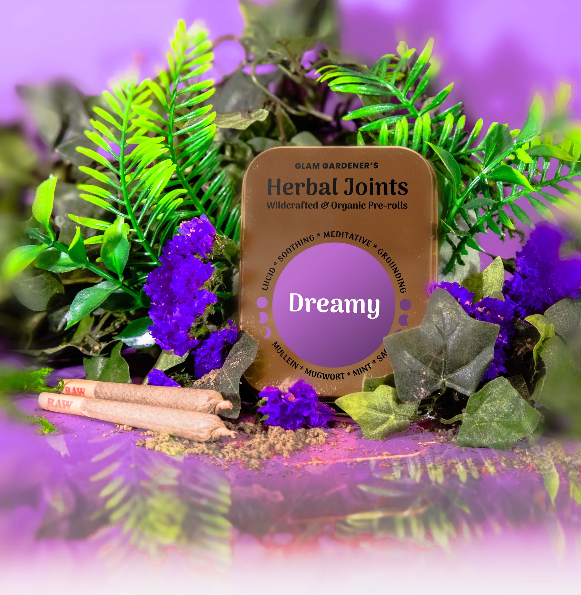 dreamy herbal smoking blend with mullein, raw cone joints, mugwort, mint and sage. relaxing. by glam gardener nyc.