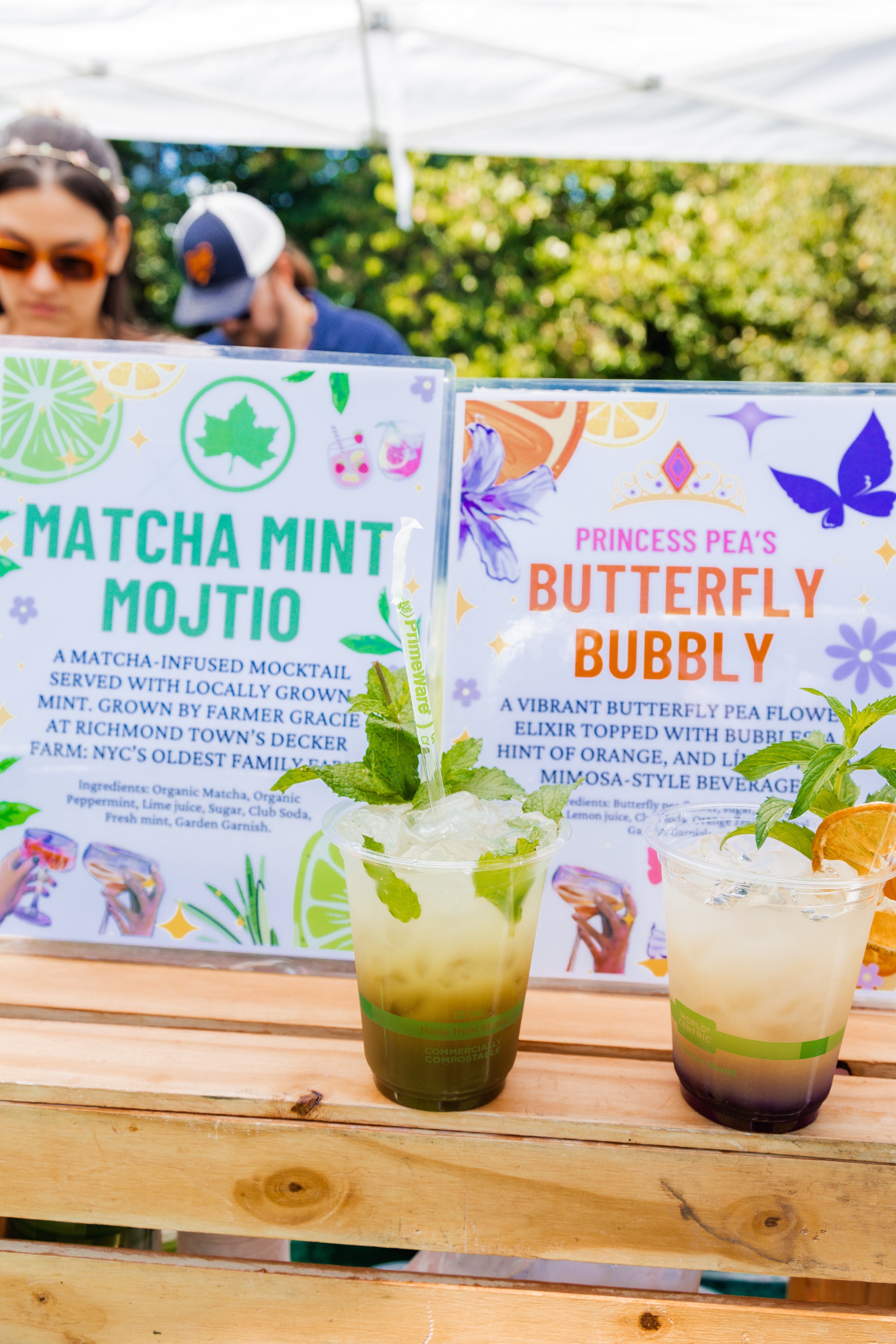 Glam Gardener Serving an Herbal Infused Mocktail at her Botanical Bar in NYC, The image showcases 2 signature beverages called the Matcha Mint Mojito and the Princess Pea's Butterfly Bubbly