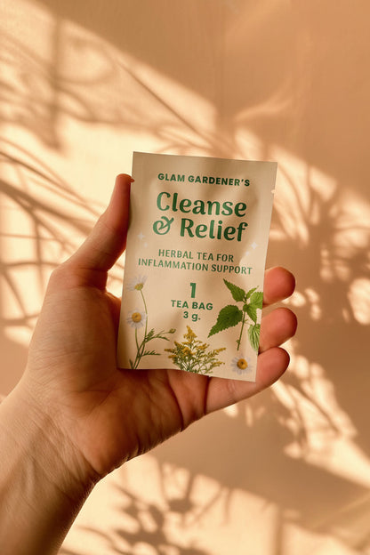 Glam Gardener's Cleanse and Relief Single Tea Bag. One individually wrapped tea bag for Cleanse and Relief by Glam Gardener NYC.Yellow packaging with floral shadow background. 1 tea bag is 3 grams. 