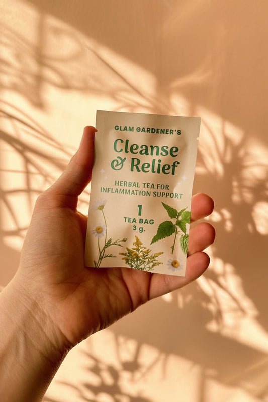 Glam Gardener's Cleanse and Relief Single Tea Bag. One individually wrapped tea bag for Cleanse and Relief by Glam Gardener NYC.Yellow packaging with floral shadow background. 1 tea bag is 3 grams. 