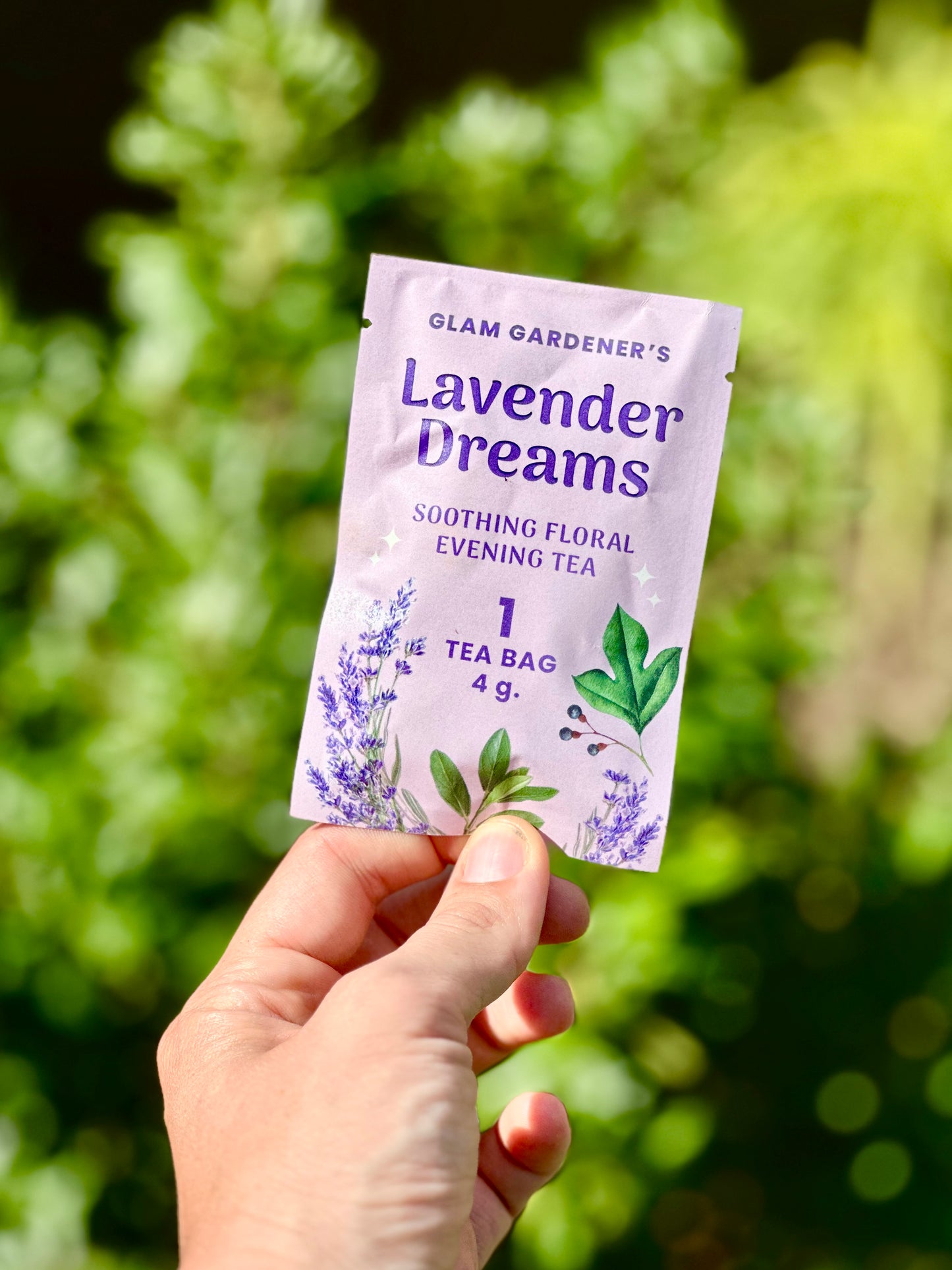 A hand holding a single packet of Glam Gardener's Lavender Dreams soothing floral evening tea against a blurred green garden background.