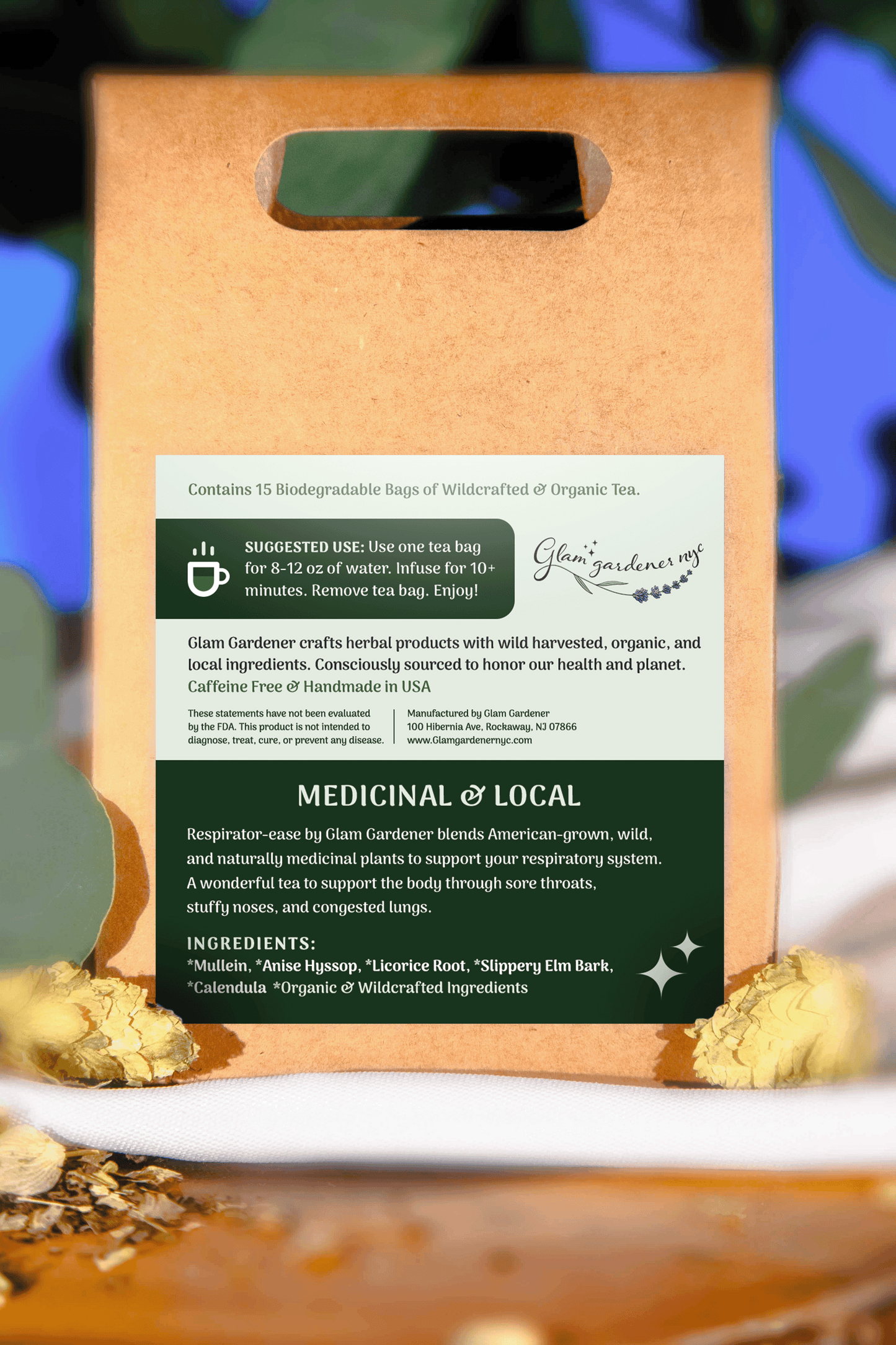 Glam Gardener's Respiratorease Herbal Tea with Anise Hyssop, Licorice Root, Calendula, Mullein, and Slippery Elm Bark for Respiratory Support Made in the USA with 100% Organic Plants