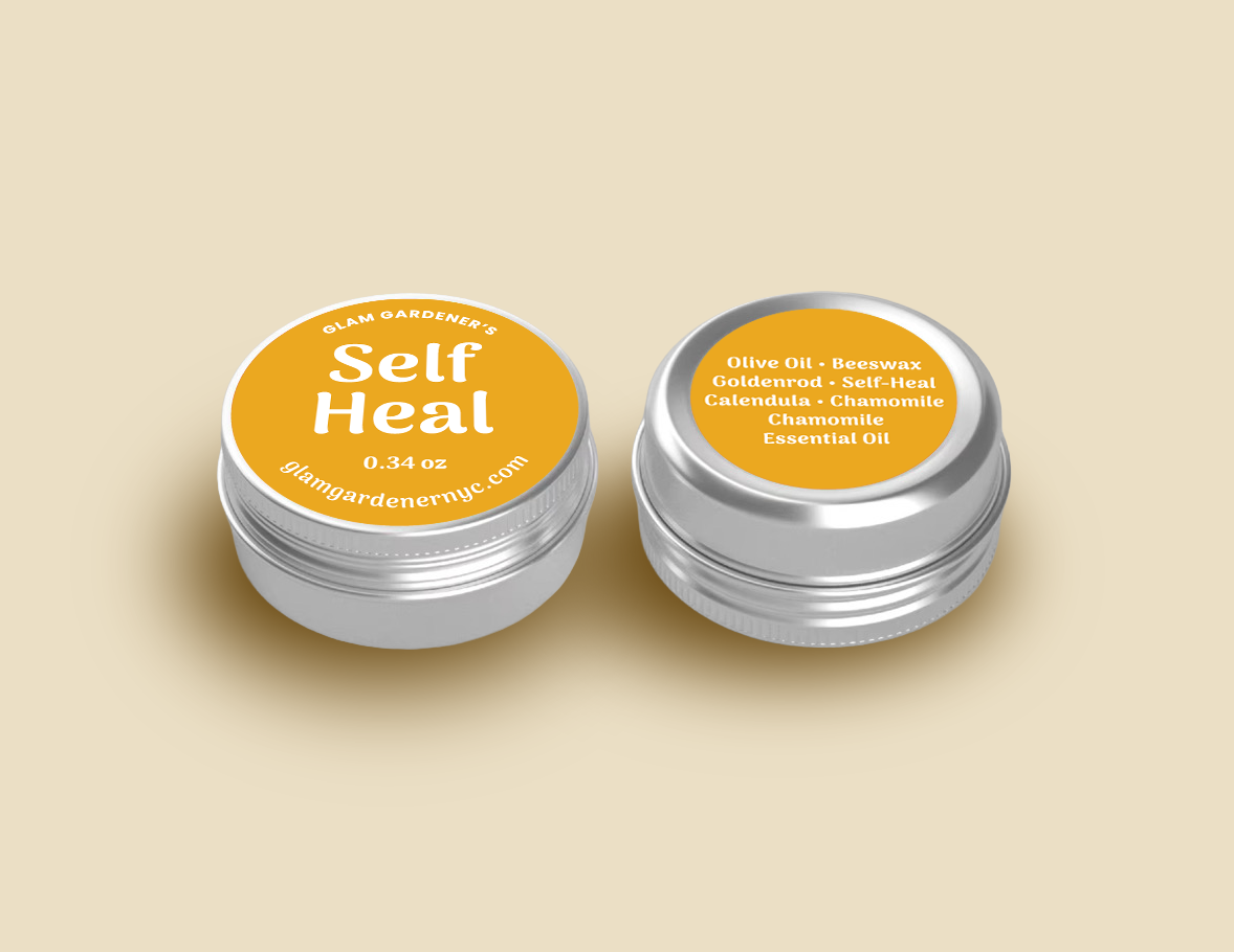 A miniature container of Glam Gardener's Signature Self Heal salve. An herbal salve for cuts, burns and wounds infused with goldenrod, self heal (prunella vulgaris), calendula, and chamomile. The salve is 0.34 ounces and is a more affordable and smaller alternative to their signature Self Heal salve. The image itself shows the aluminum tin that the Self Heal is in. The yellow label has white text that reads on front "Glam Gardener's Self Heal 0.34 oz glamgardenernyc.com. The background is a light yellow.