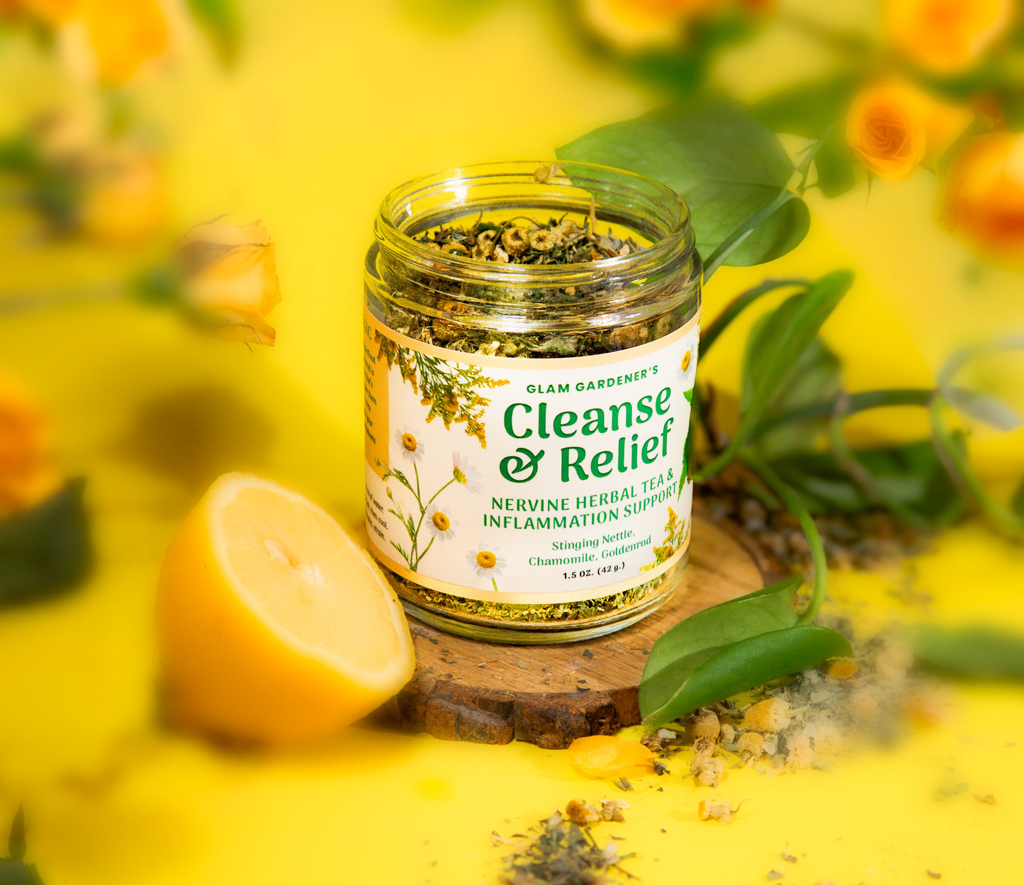 Organic handmade herbal tea with goldenrod, stinging nettle, chamomile, for allergies, anxiety, and inflammation by Glam Gardener NYC called Cleanse & Relief 