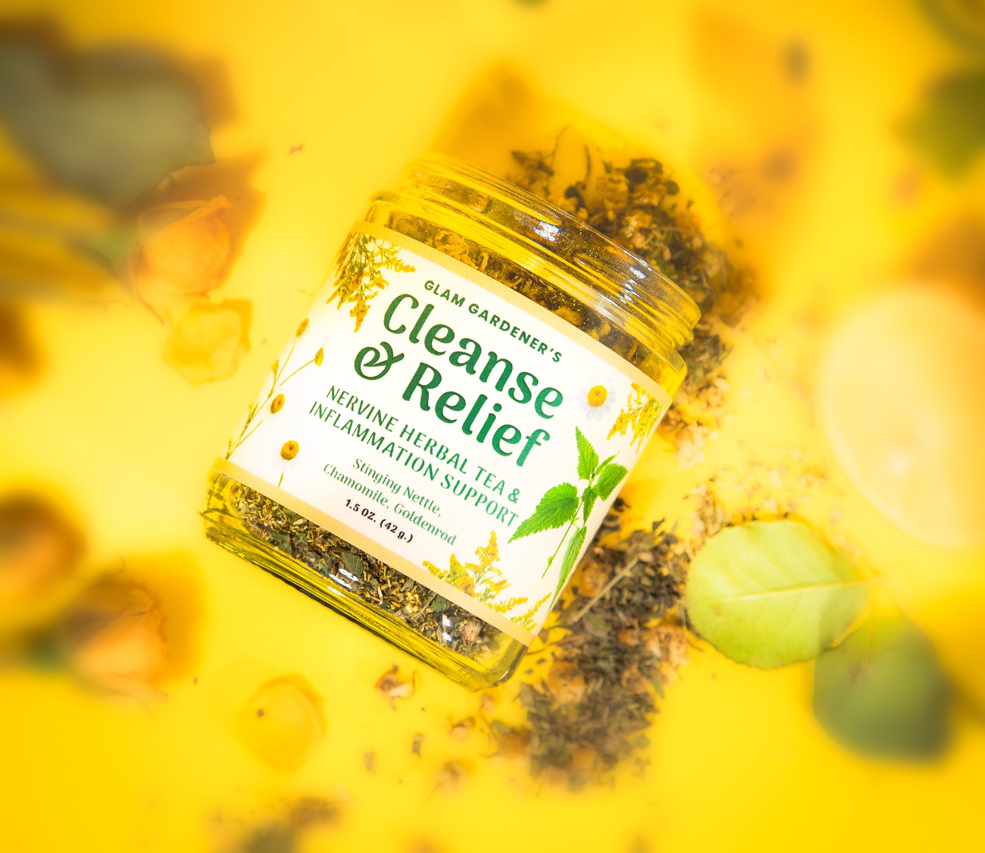 Organic handmade herbal tea with goldenrod, stinging nettle, chamomile, for allergies, anxiety, and inflammation by Glam Gardener NYC called Cleanse & Relief