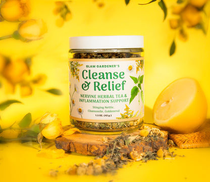 Organic handmade herbal tea with goldenrod, stinging nettle, chamomile, for allergies, anxiety, and inflammation by Glam Gardener NYC called Cleanse & Relief 2