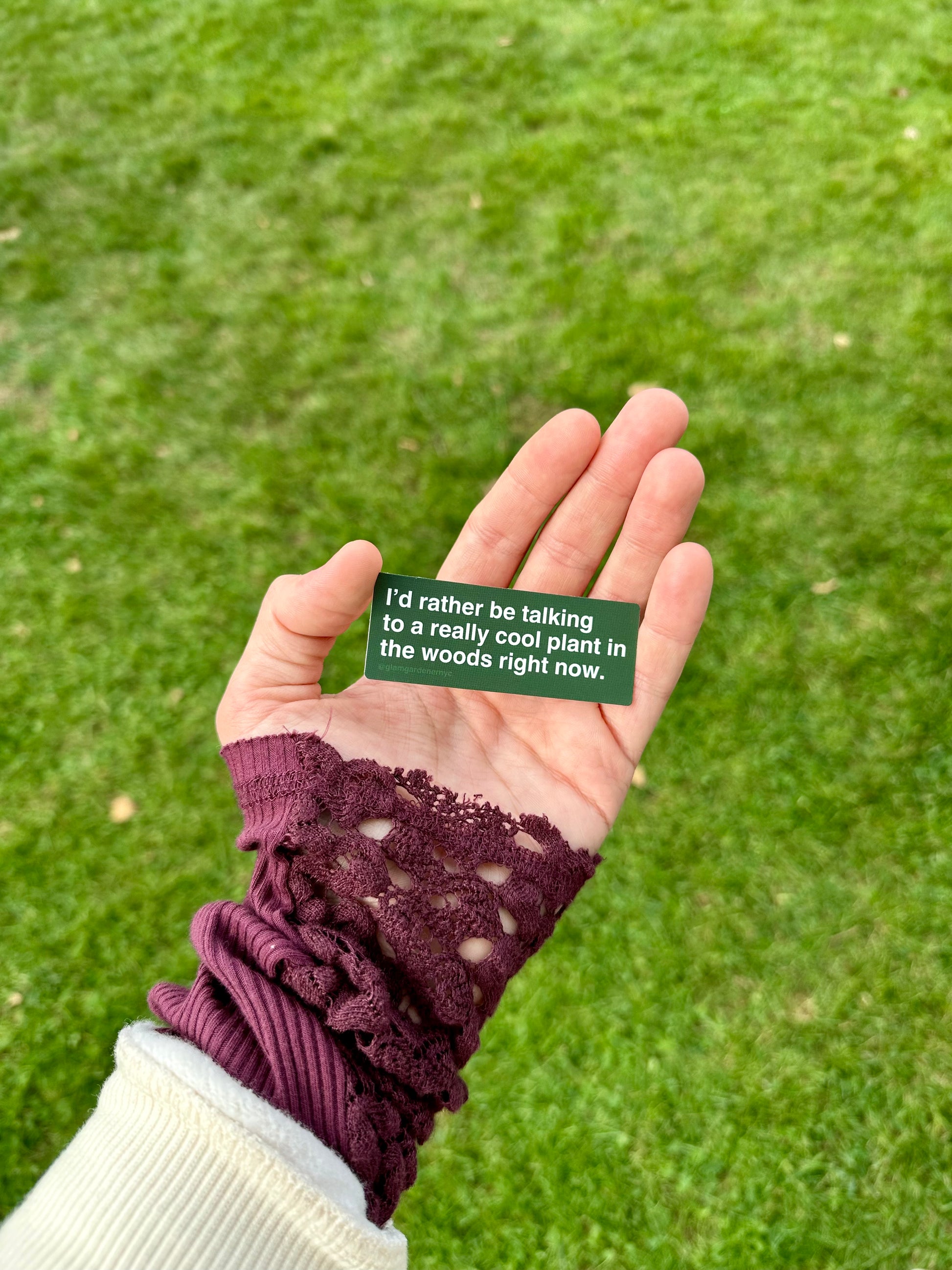 A sticker made by Glam Gardener NYC that says “I’d rather be talking to a really cool plant in the woods right now.” The sticker is hunter green, with white text, is rectangular, and features rounded corners. The image shows someone holding the sticker to showcase its true size. The background is grass.