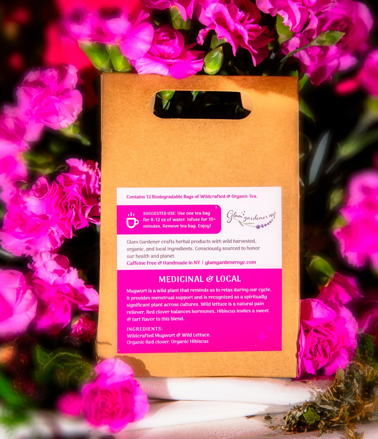 Relax & Enjoy Your Period bagged herbal tea with mugwort, red clover, wild lettuce, and hibiscus for a pleasant period and PMS relief