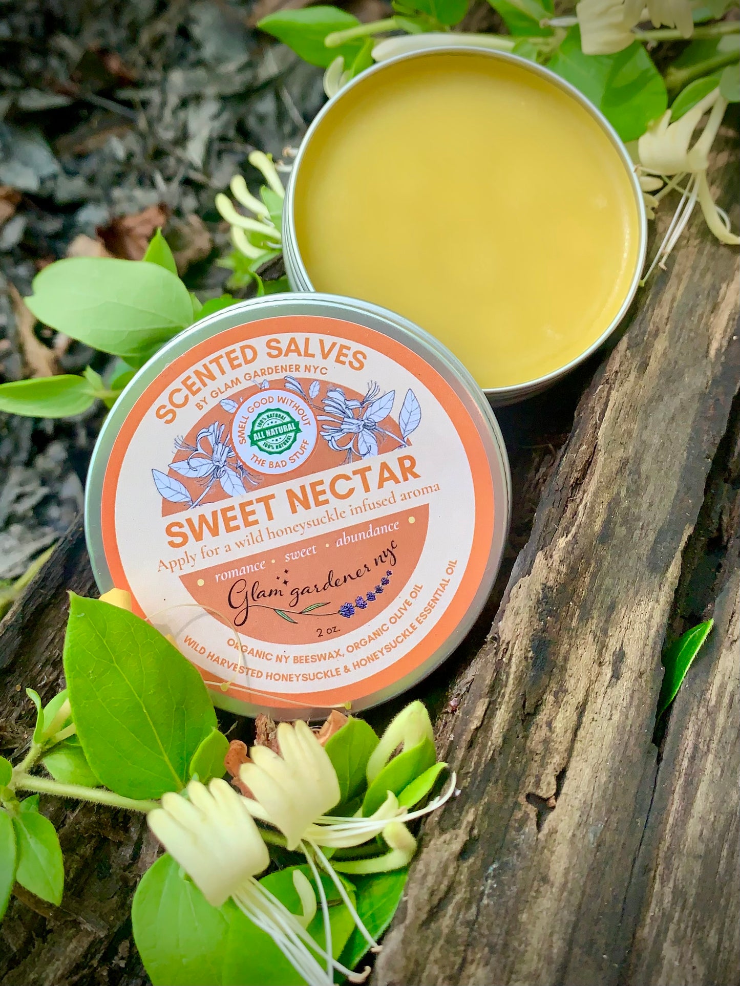 Sweet Nectar scented salve | natural solid perfume and healing lotion with wild-harvested honeysuckle flowers