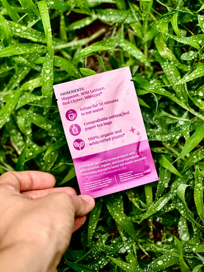 Relax & Enjoy Your Period • Single tea bag  • Herbal tea with Mugwort, Wild Lettuce, Red Clover & Hibiscus