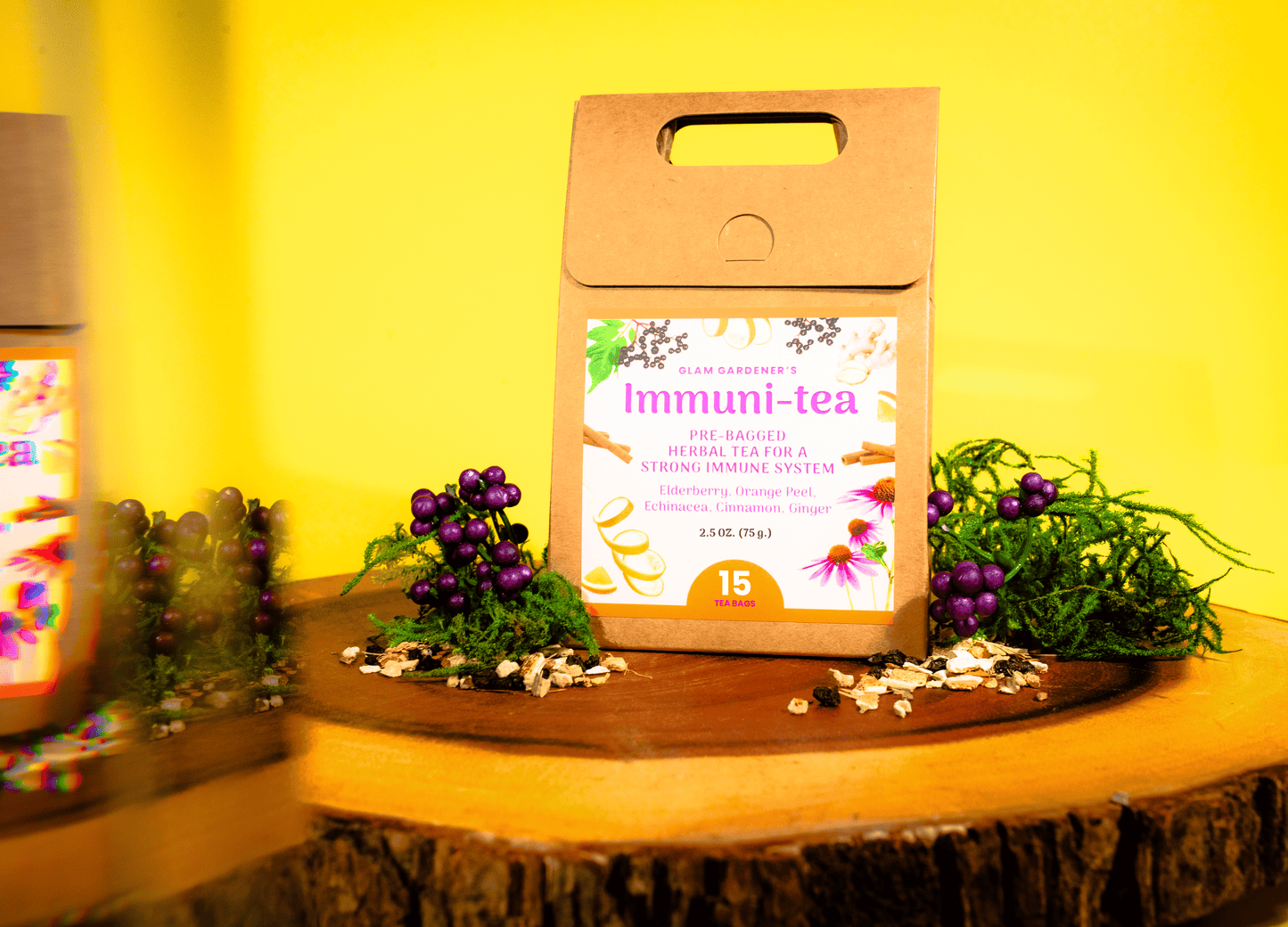 Immunitea Herbal Tea by Glam Gardener Handcrafted herbal tea with Elderberry, Echinacea, Orange Peel, Cinnamon, and Ginger, handcrafted in New York 100% organic