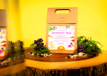 Immunitea Herbal Tea by Glam Gardener Handcrafted herbal tea with Elderberry, Echinacea, Orange Peel, Cinnamon, and Ginger, handcrafted in New York 100% organic