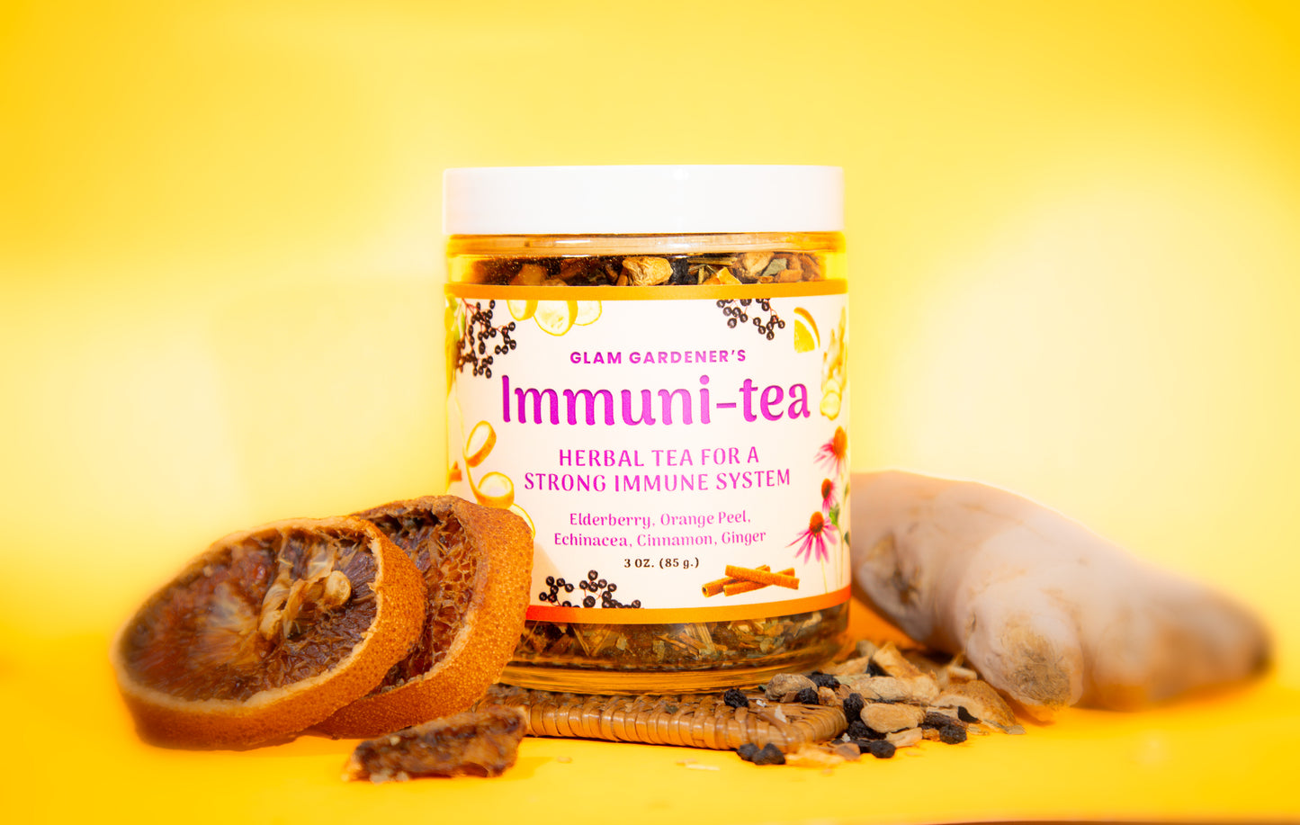 Glam Gardeners organic and wildcrafted immunitea for immune system cold and flu with elderberry, echinacea, ginger, cinnamon and orange peel handcrafted in new york and new jersey