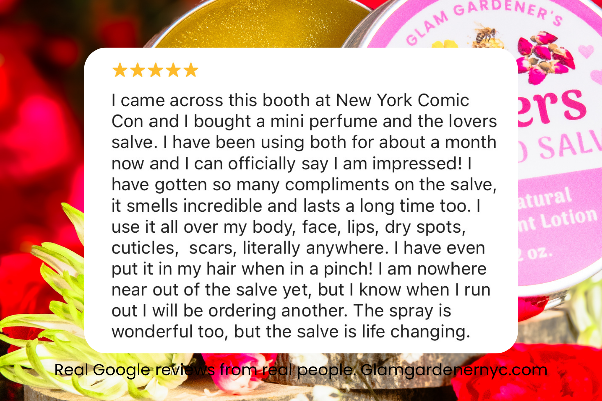 I came across this booth at New York Comic Con and I bought a mini perfume and the lovers salve. I have been using both for about a month now and I can officially say I am impressed! I have gotten so many compliments on the salve, it smells incredible and lasts a long time too. I use it all over my body, face, lips, dry spots, cuticles, scars, literally anywhere. I have even put it in my hair when in a pinch! I am nowhere near out of the salve yet, but I know when I run out I will be ordering another. 