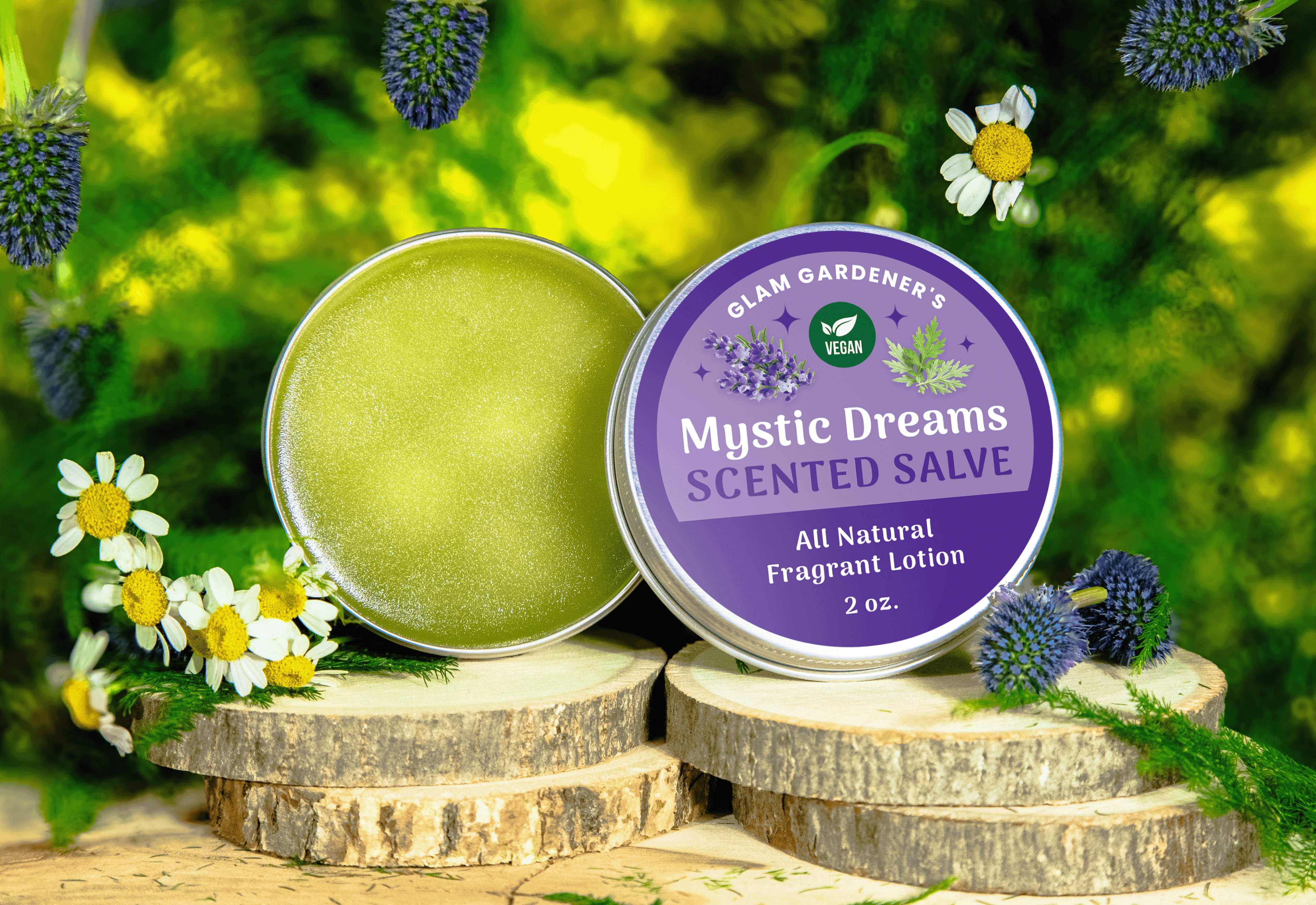 Vegan Mystic Dreams Scented Salve by Glam Gardener NYC Front label. A product made with 100% vegan and natural ingredients by Glam Gardener NYC. A scented salve with mugwort and lavender infused for sweet dreams, aromatherapy and perfume.