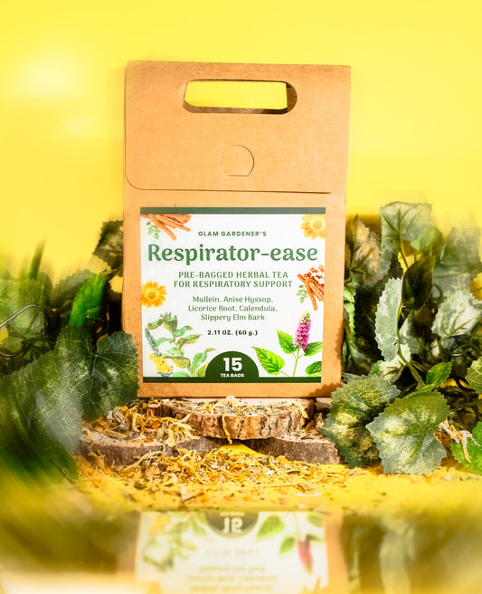 RESPIRATOR-EASE • Pre-bagged herbal tea for Respiratory support with American-grown & organic Mullein, Licorice root, Anise Hyssop, Slipper Elm and Calendula