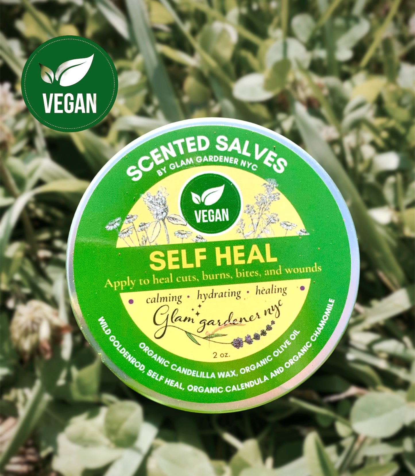 Vegan Self Heal scented salve, healing lotion, and natural perfume with organic calendula, organic chamomile, wild-harvested goldenrod, and wild-harvested self heal for cuts, burns, wounds and dry skin